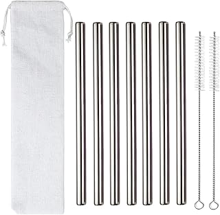 7 Pcs 8.5" Reusable Boba Drinking Straws 304 Stainless Steel Straws Set with 2 Cleaning Brushes Wide Metal Straw for Bubble Tea Milkshakes Smoothie Bar Accessory (Silver)