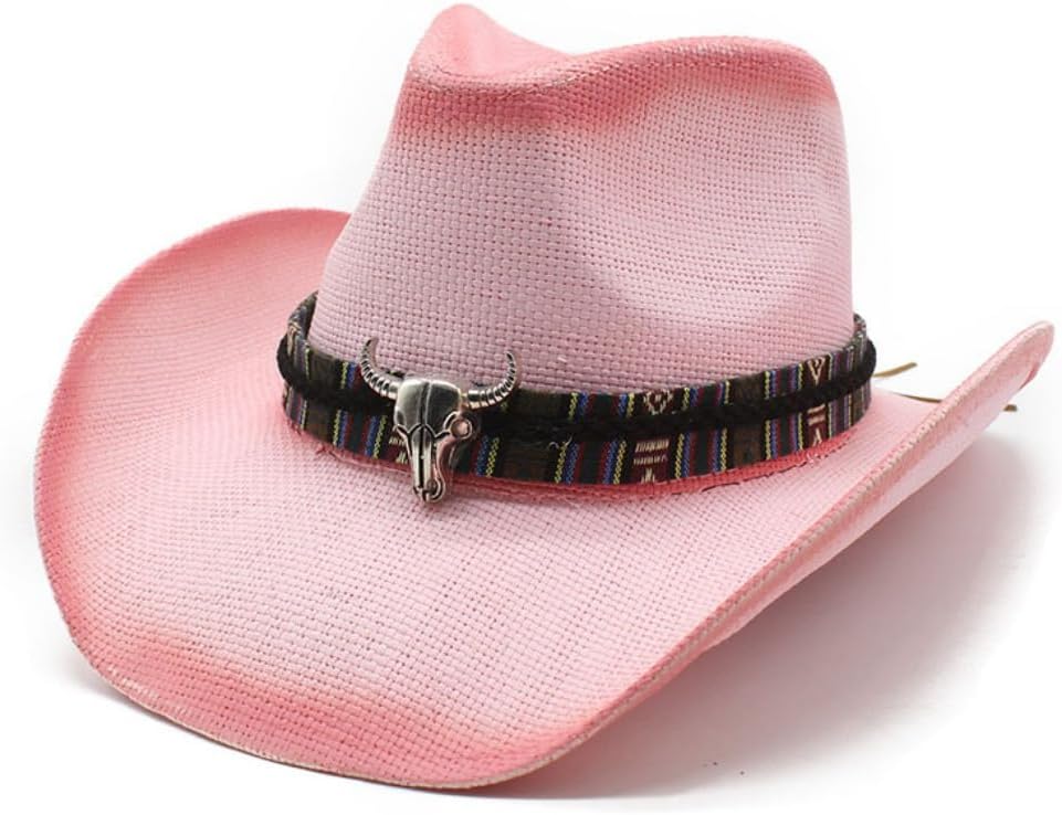 Western Cowboy Hat with Tribal Band and Bull Skull Ornament, Straw Woven, Beige