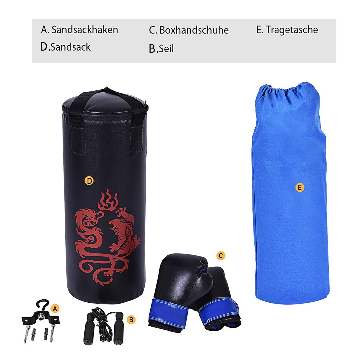 RELAX4LIFE 10 kg Boxsack Set, Boxen Set mit 8 OZ Boxhandschuhe & Springseil & Tragetasche, aufhängender Punchingsack für Kinder, Jugendliche und Erwachsene, Boxing Bag schwarz, inkl. Deckenhalterung