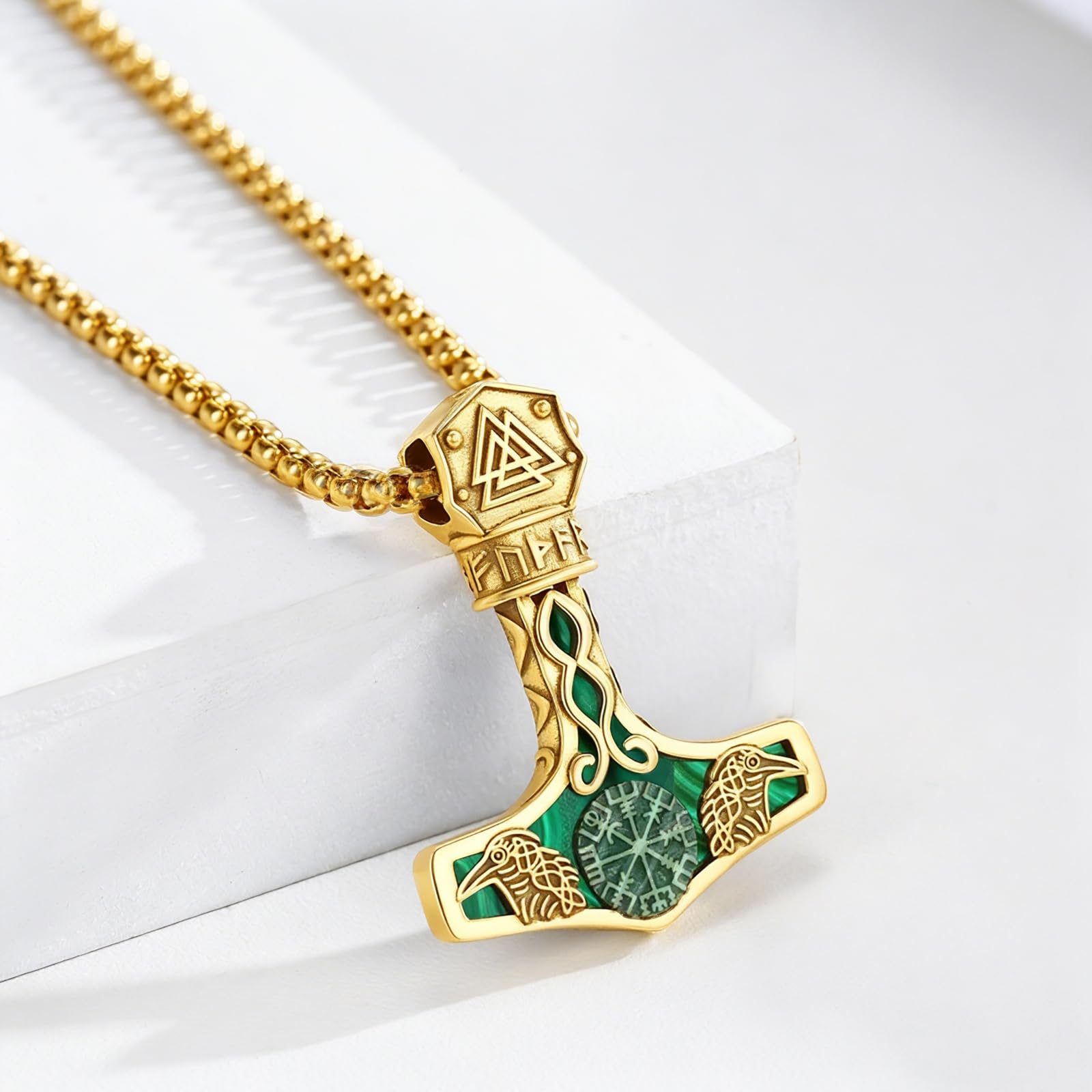 Mjölnir - Collana in argento Sterling placcato oro 14 carati, malachite, bussola vichinga, ciondolo a forma di martello di Odino, catena con rune nordica, Vegvisir, gioiello regalo per donne e
