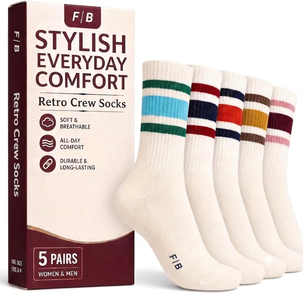 F|B Striped Retro Crew Socks for Women and Men - Pair of 5 Triple Striped Socks with Terry Cushioned Sole