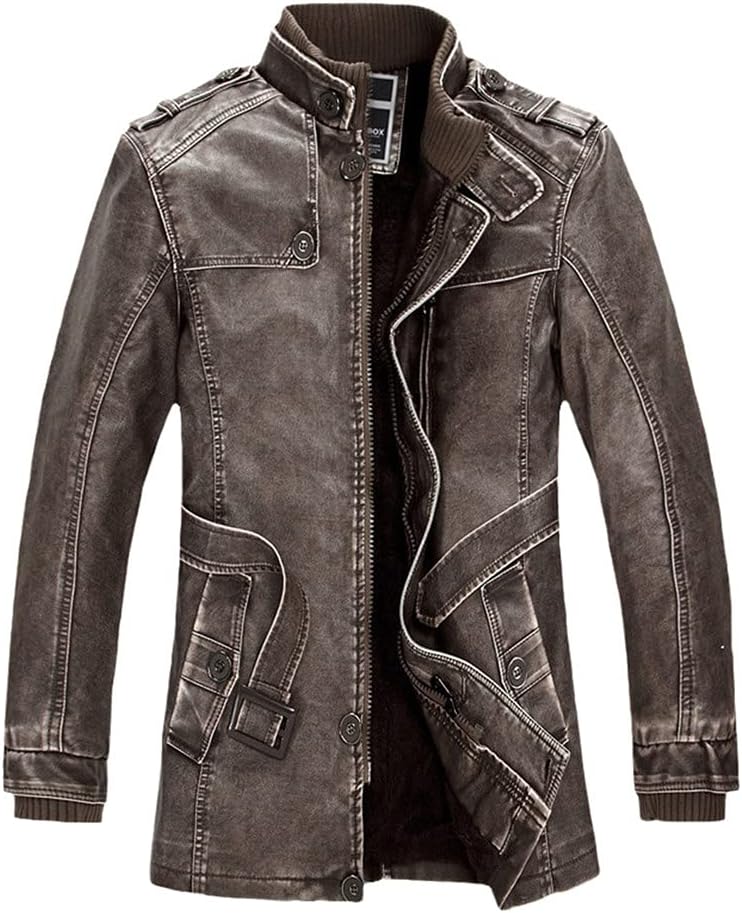 KEHAIOO Men's Winter Warm Biker Leather Jackets Fleeced Motorcycle Faux Leather Coats Stand Collar Plus Size