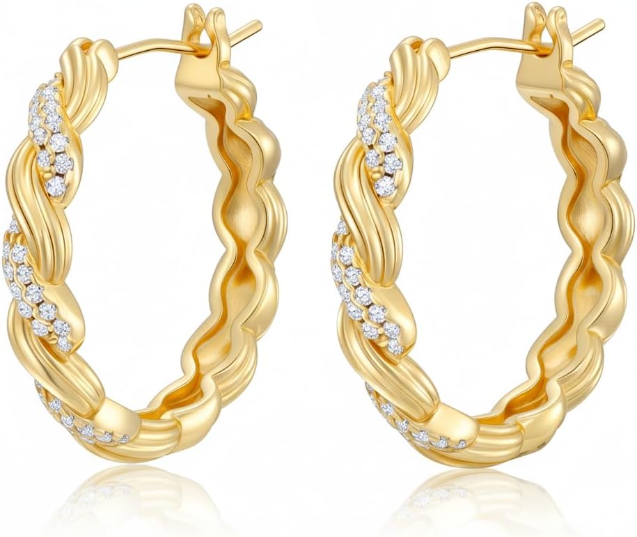 Gold Hoop Earrings 14K Gold Earring for Women Twisted Design with Sculpted Texture Hoops Earring for Womens Minimalist Diamond Earring Gift Jewelry 25mm
