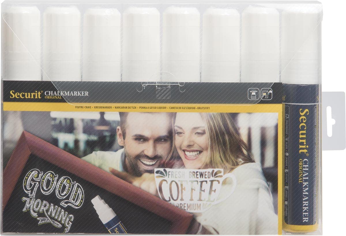 SECURIT - Set 8 Pennarelli Gesso Liquido - Punta 7-15 mm - Colore Bianco | Inchiostro Atossico e Inodore - Ideale per Lavagne, Vetro e Metallo