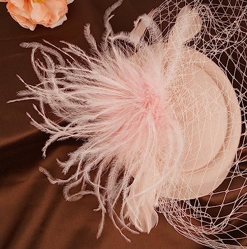 Cizoe Fascinators Hats 20s 50s Hat Pillbox Hat Cocktail Tea Party Headwear with Veil for Girls and Women(B-Peach)