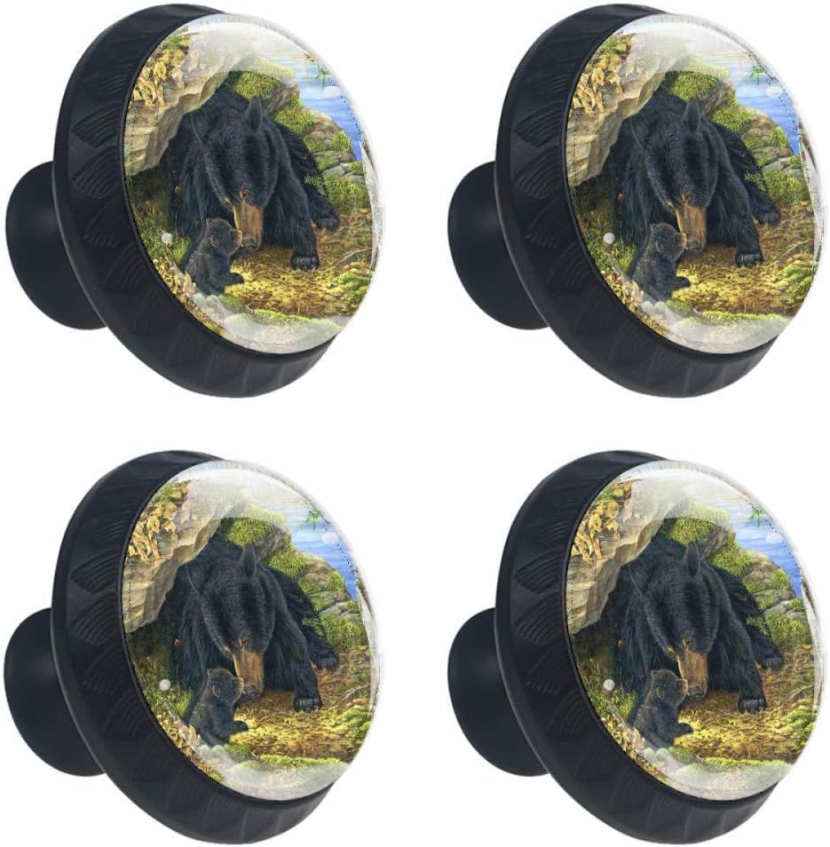 4 Pcs Black Bears Mon Love Baby Crystal Class Cabinet Knobs 35mm Circle Shape Drawer Kitchen Cabinets Dresser Cupboard Wardrobe Pulls Handles