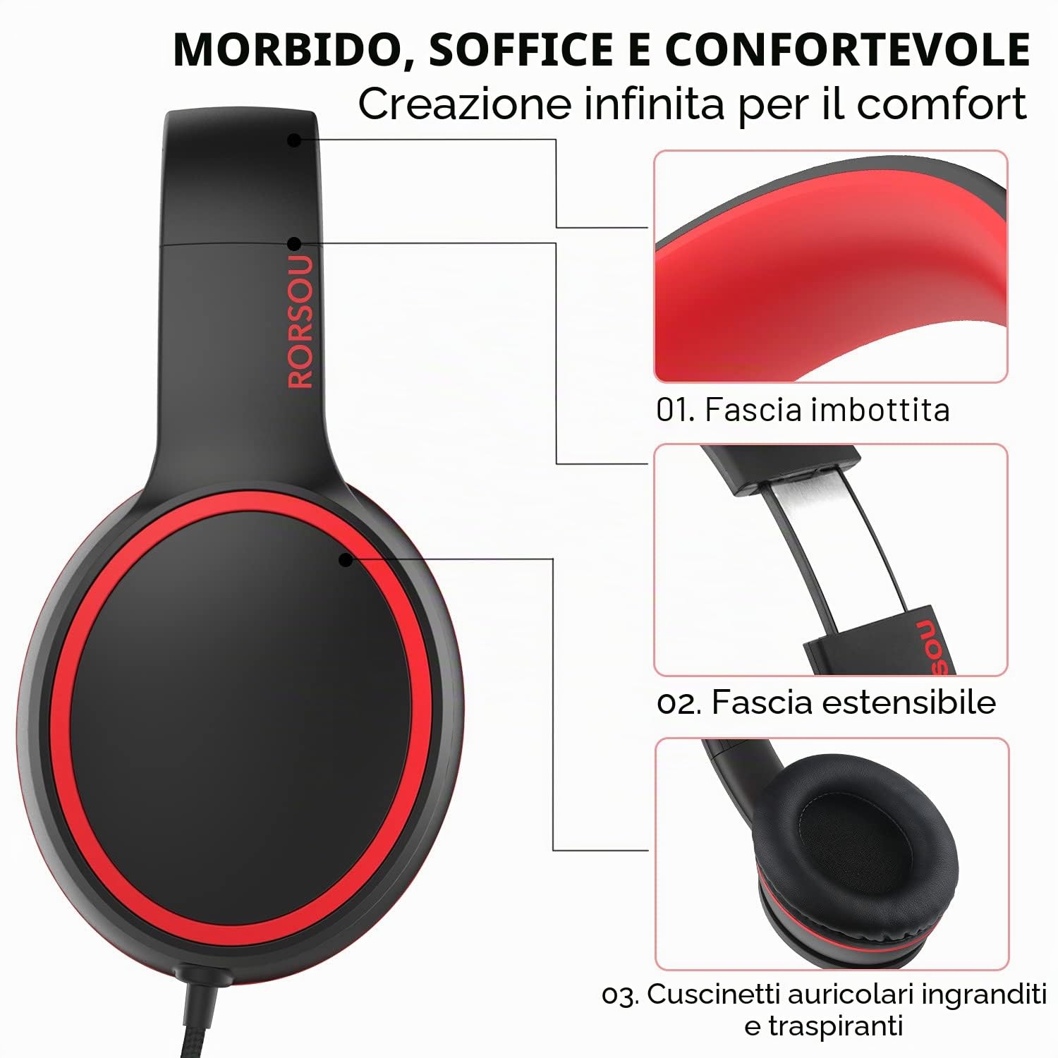 R10 Cuffie Auricolari con Microfono Stereo Piegevoli, Cavo Antigroviglio 1.5m, Nero