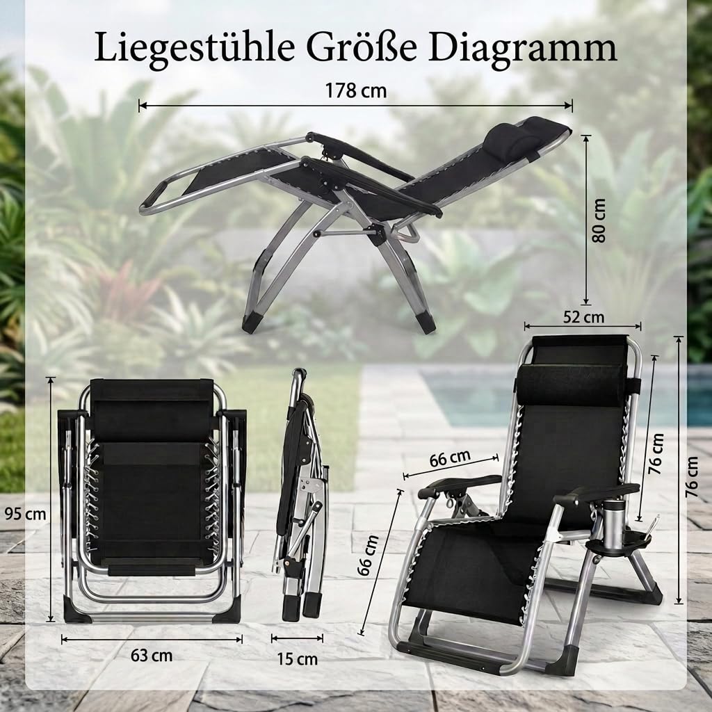 Zero Gravity Liegestuhl, Sonnenliege Klappbar mit Klapptaschen, Outdoor Sessel für Balkon oder Garten für Patio-Pool-Camping-Strand, Gartenliege Mit Tassenhalter & Kissen (Schwarz 1 Stück)