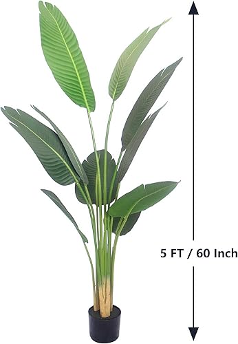 Miniatura 4 de Árbol artificial de palma de pájaro del paraíso de 5 pies, plantas tropicales en maceta, tecnología de tacto real, planta artificial con 3 troncos,