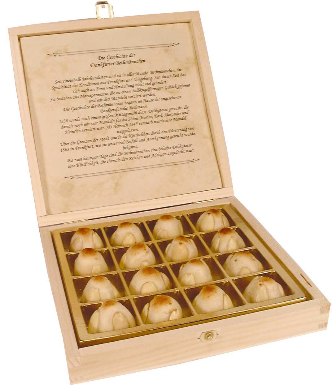 Marzipan Bethmännchen in einer Holzkiste "Frankfurter Römer" 200g
