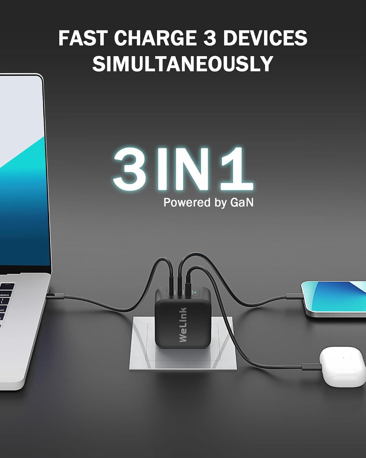 WeLink 100W USB C Charger, GaN PPS 3-Port Fast Compact Foldable USB C Charger Block for MacBook, iPad Pro, Galaxy S24, iPhone 16/15 and More