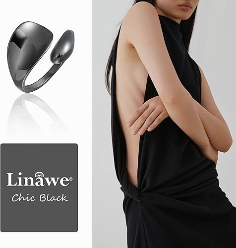 Miniatura 4 de Linawe Adjustable Chunky Rings for Women, 14K GoldRose GoldSilverBlack Hug Ring, Thumb Knuckle Signet Infinity Wave Rings, Stacking Spoon Rings