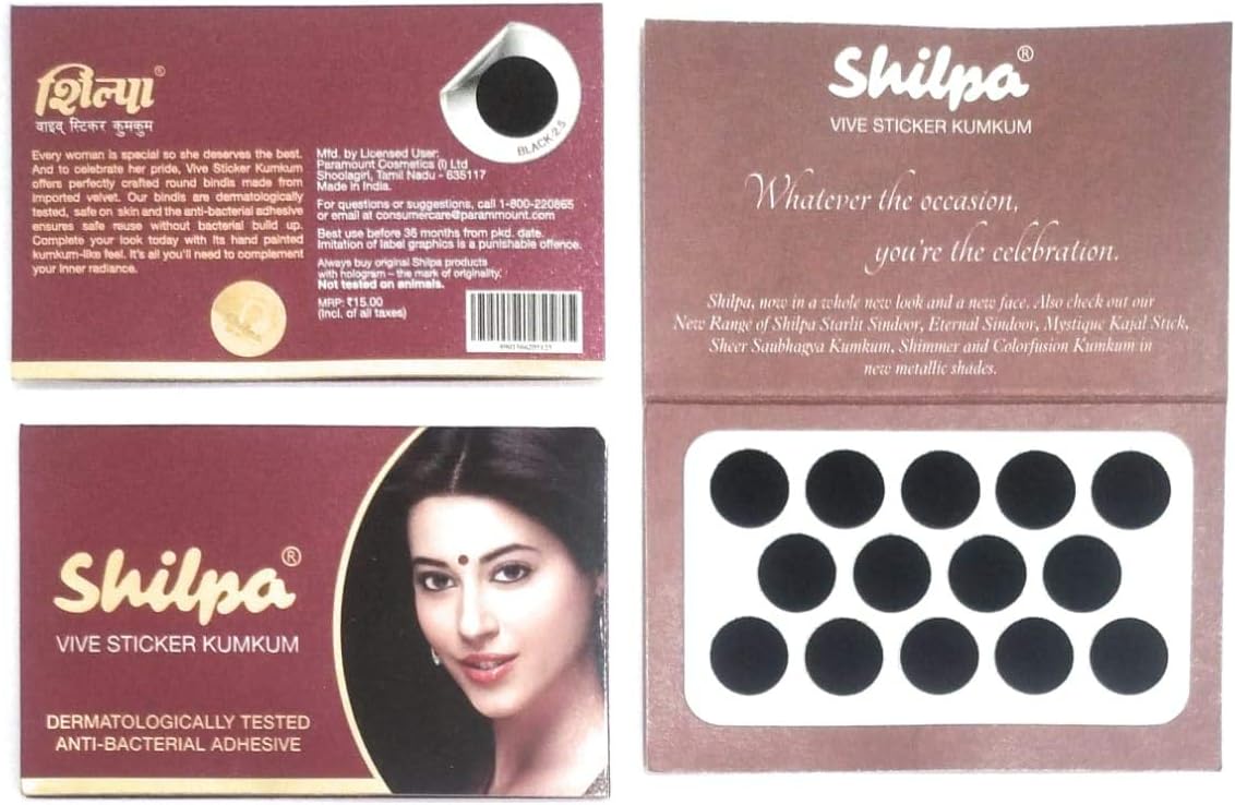 Shilpa Vive Sticker bindi Size 2.5 (Pack of 15 Unit) Dermatologically Tested Bindi (BLACK) PF