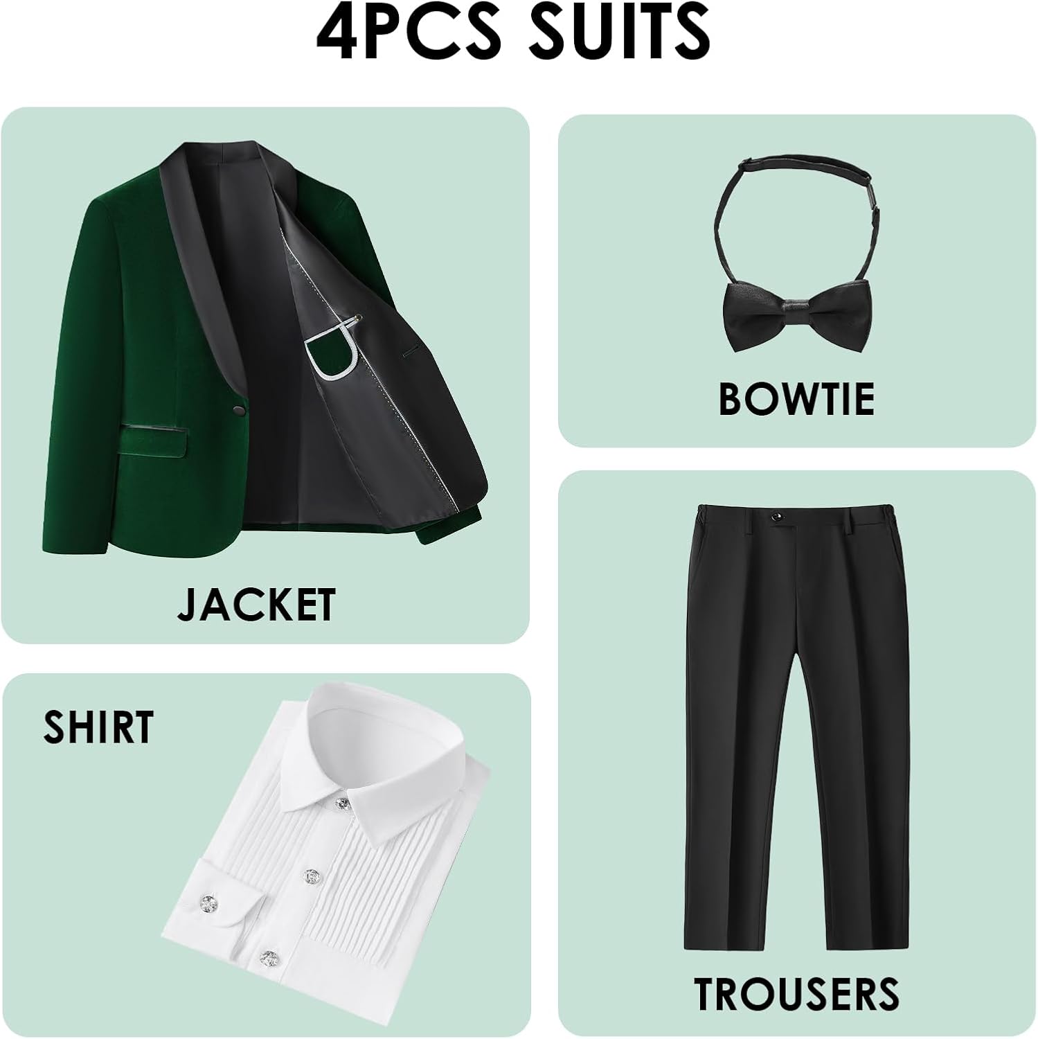 Lamgool Boys Velvet Tuxedo Suit 4 Piece Slim Fit Kids Formal Outfit Set with Blazer Dress Shirt Pant Bow Tie for Wedding - Image 3