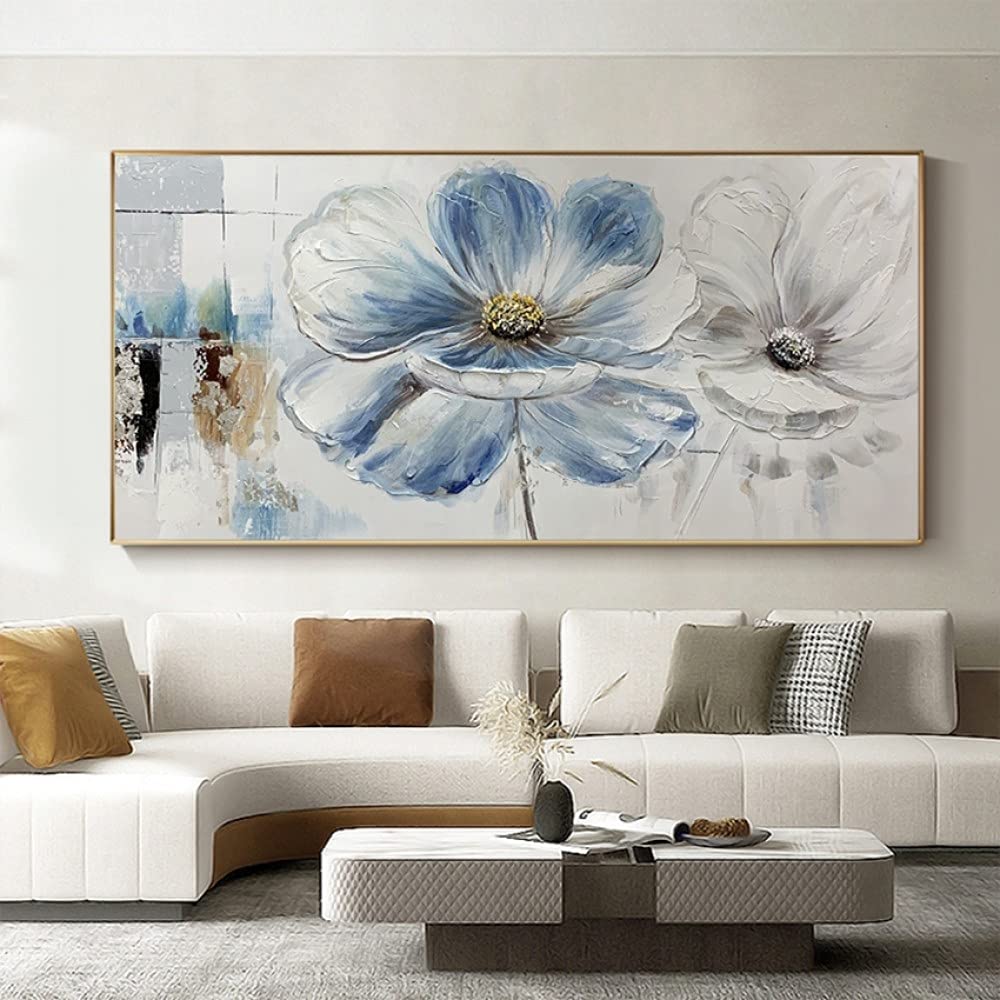 Pinturas Oleo,Estilo Botánico Murales Blancos Azules Contemporáneos Pintados Con Textura De Flores Grandes Pinturas Al Óleo Arte Abstracto Moderno Lienzo Pinturas De Arte De Pared Sala De Estar D