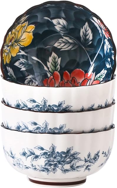 JETMANO Ceramic Cereal Bowls Set of 4, 5 inch 400ml Breakfast Dessert Serving Bowls,Japanese Style Peony Salad Bowl Soup Bowls,Microwave Dishwasher Safe Bowl for Salad,Rice