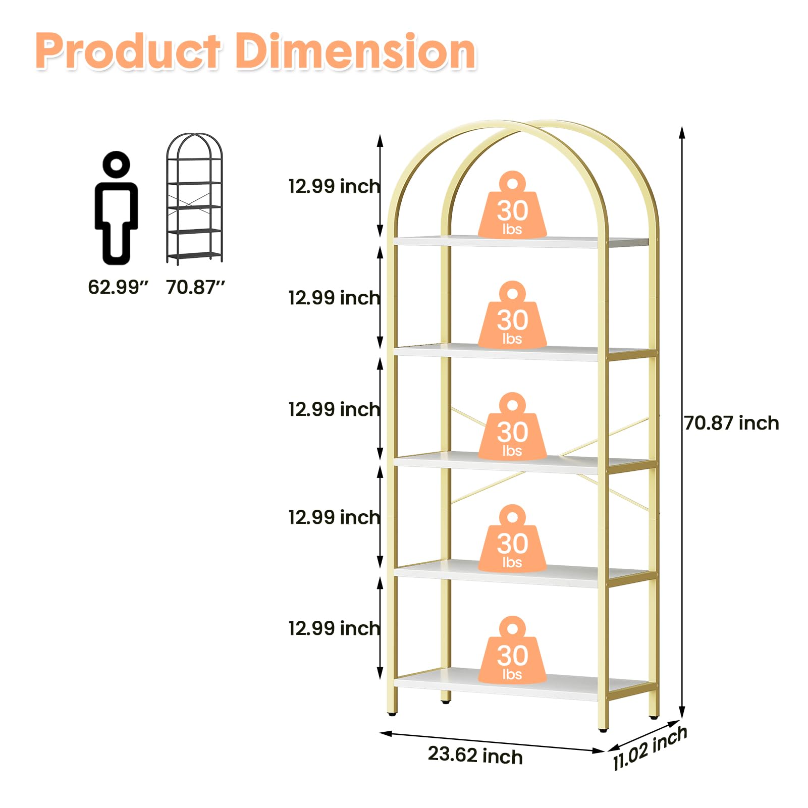 Libreria ad arco a 5 ripiani, alta 180 cm, con struttura in metallo dorato, scaffale autoportante in stile industriale per casa e ufficio.