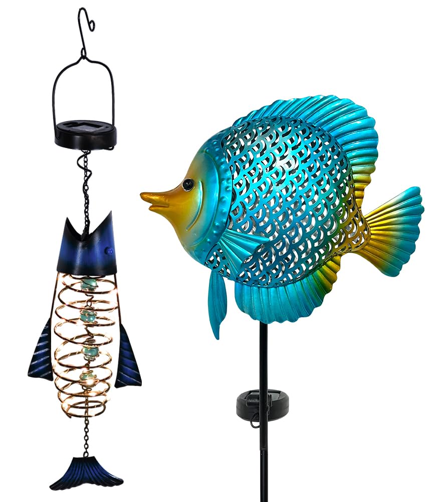 Outdoor Lights for Patio Garden Decor - Metal Solar Fish Hanging Decoration - Solar Lamp Decorative Yard Art - Pretty Nice Lantern Stake for Man Woman Holiday Gift Ideas | Waterproof Warm LED Lighting