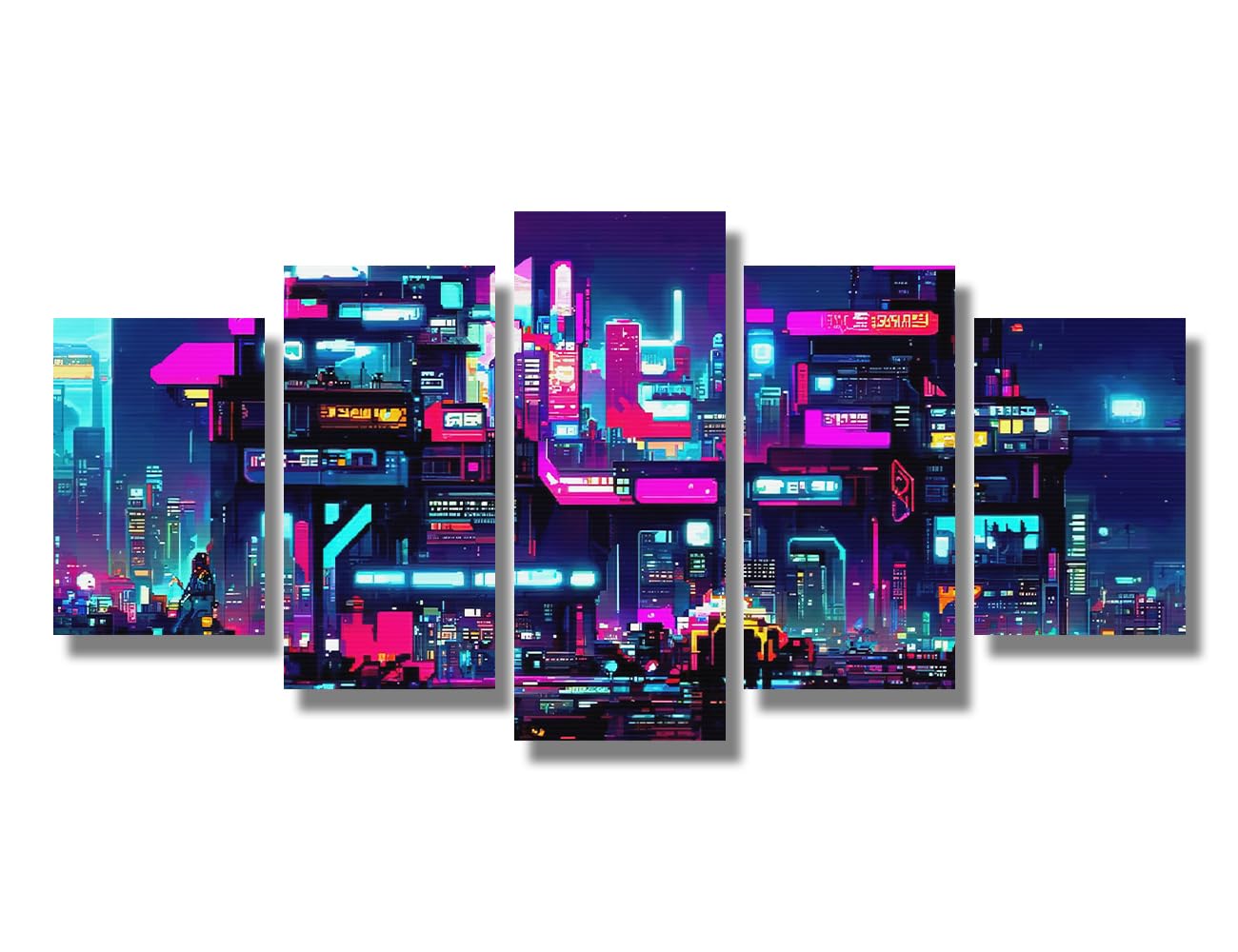 5 Piece Cyberpunk Wall Painting - Futuristic City Scene Canvas Wall Art - Gaming Style Decoration for Living Room - Stretched Framed - 20x40INCH