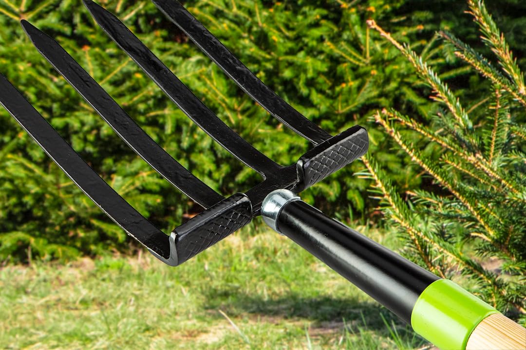 VERTO Forchette da fieno, forchetta a vanga: forchetta per scavare e allentare | Manico ergonomico a D, lunghezza 115 cm, solido, forchetta per terreni duri e rocciosi, con 4 denti