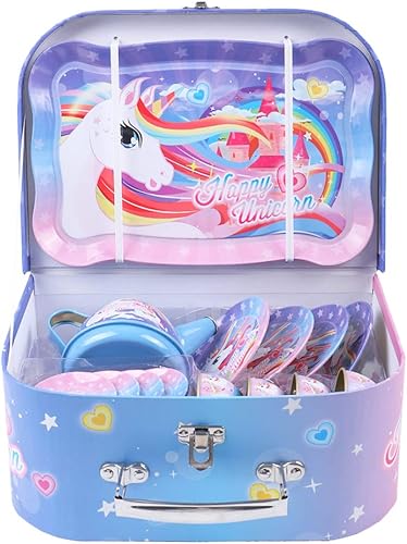 Miniatura 6 de Juego de 27 piezas de fiesta de té para niños para niñas pequeñas juego de té de lata estuche de transporte y comida dulces juego de té de princesa