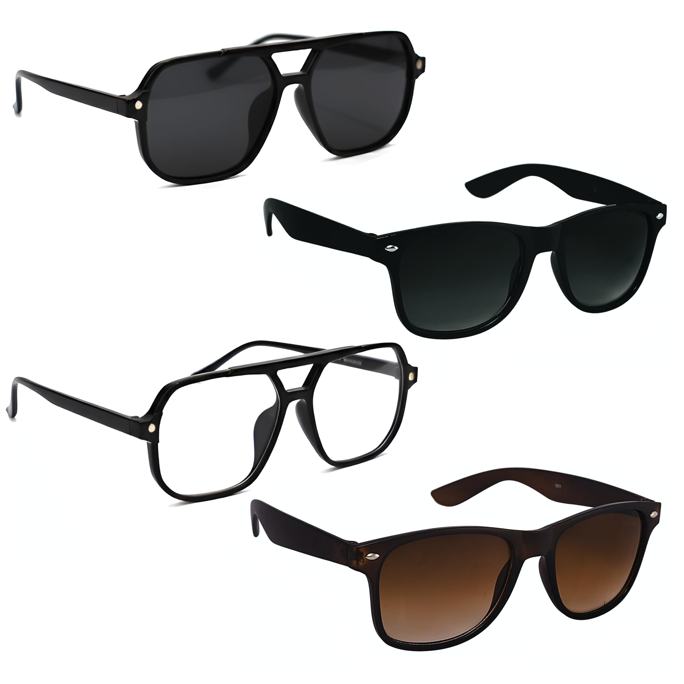 Sunglasses Set with Oval and Square Styles, Black Frames, Black, Transparent and Brown Lens, UV Protection, Pack of 4-image-22