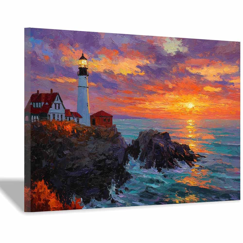 DMZPKZB Modern Landscape Picture Coastsal Lighthouse Sunset Canvas Wall Art,Minimalism Scenery Painting,for Dining,Bathroom, Living Room, Bedroom,Corridor(Multicolor)-70x100cm Framed