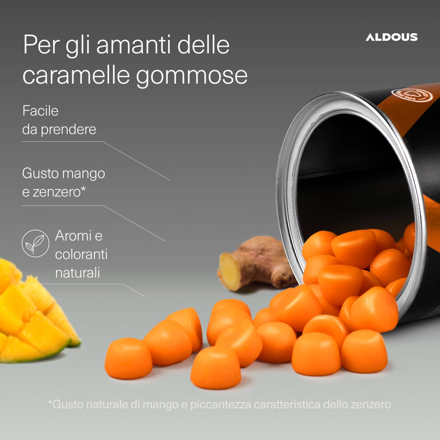 Curcuma e Zenzero con Pepe Nero + PROBIOTICI - 2500mg - 120 Caramelle Gommose - Sapore Naturale di Mango e Zenzero Piccante - Curcuma, Piperina - Antinfiammatorio Naturale Gonfiore Addominale - ALDOUS