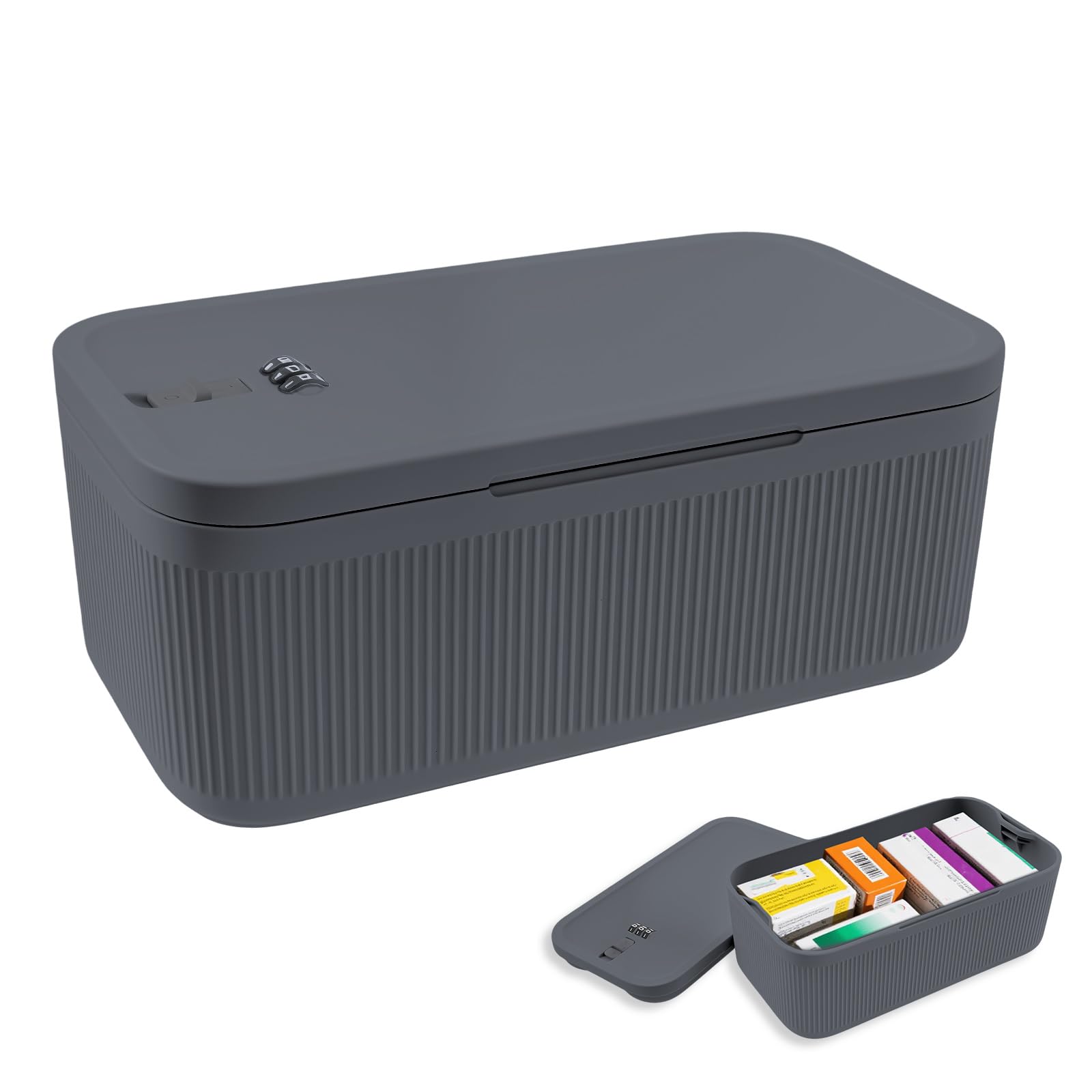 Qinglang Gray Blue Small Lockable Storage Box With Combination Code 24X13x9.6cm Portable Medication Lock Box Phone Jail, Snack Box Fridge Food Safe Locking Boxs For Home, Dorm, Office, Or Travel