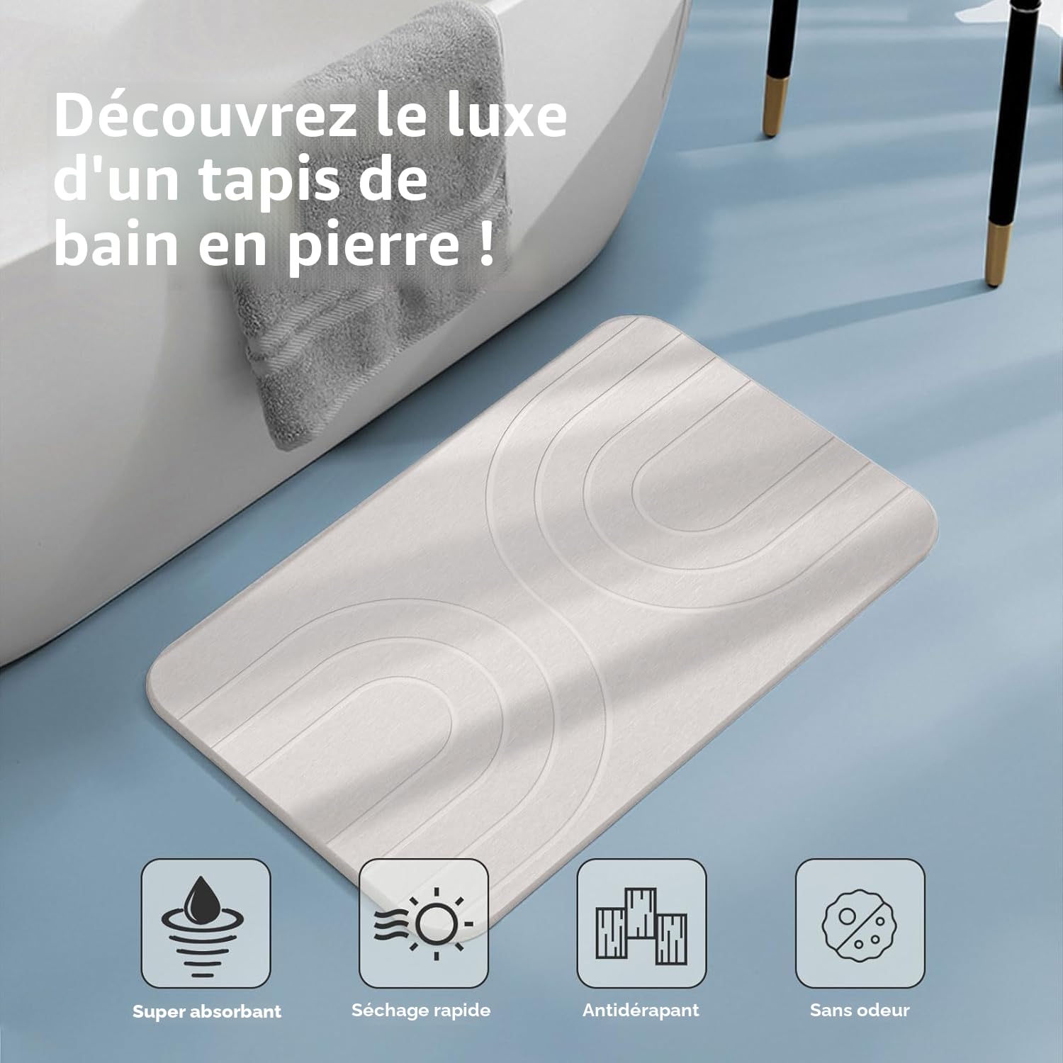 Feilifan Tapis de Bain en Pierre de Diatomite 60 x 38 cm Blanc