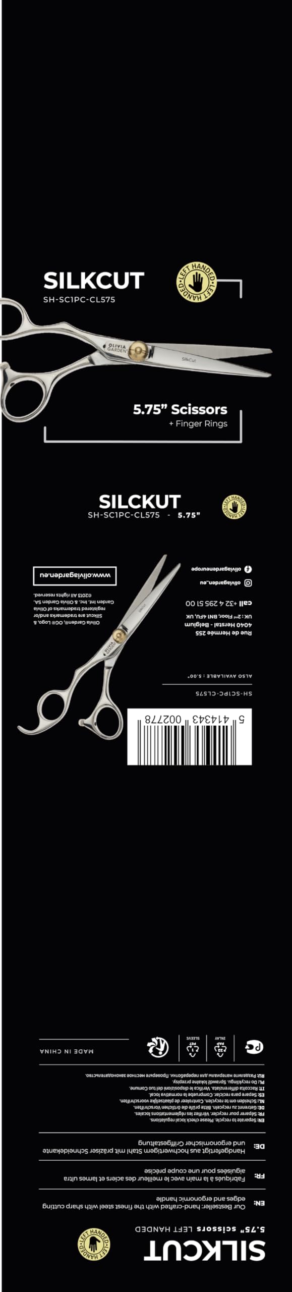 Olivia Garden SilkCut Ciseau Taille 5.75" Pour Gauchers Lames Convexes Acier Japonais Poignée Ergonomique