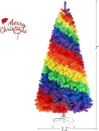 Miniatura 3 de DORTALA Árbol de Navidad de abeto completo colorido arcoíris de 7 pies, 1213 puntas de rama, árbol de Navidad artificial con bisagras con soporte de