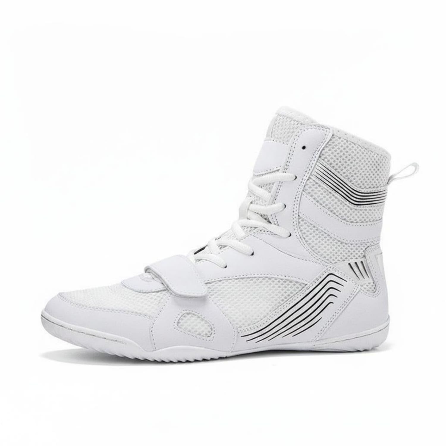 Breathable Mesh High-Top Boxing Shoes Hook-and-Loop Strap High Top Boxing Shoes Grippy Outsole Sports Footwear Synthetic Overlays, White, 43-image-48