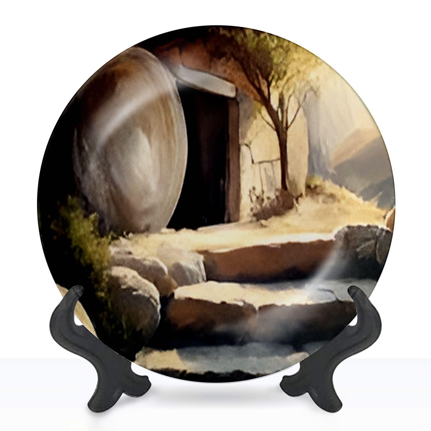 Decorative Plates Easter Christ rose from Dawn The empty tomb crucifixion Happy easter Wall Decor Ceramic Ornament with Display Stand and Hook Up for Festival, Parties, Wedding 8