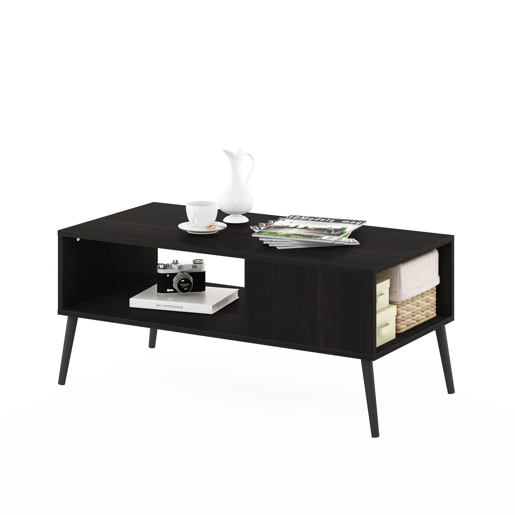 Furinno CLAUDE Coffee Table, 2-Tier Modern Coffee Table with Wooden-Legs, Side Table with Open Shelf, for Living Room, Bedroom, Home Office, Espresso