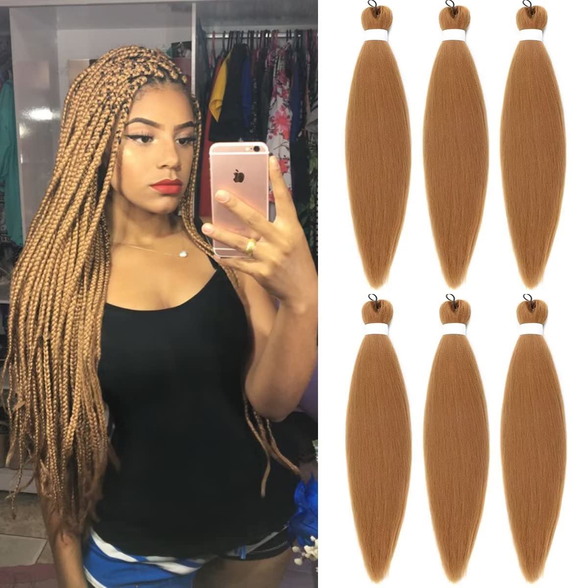 Braiding Hair Pre Stretched Honey Blonde EZ Braids 6 Packs/Lot 26 Inches Yaki Texture Braiding Hair Hot Water Setting Synthetic Fiber for Crochet