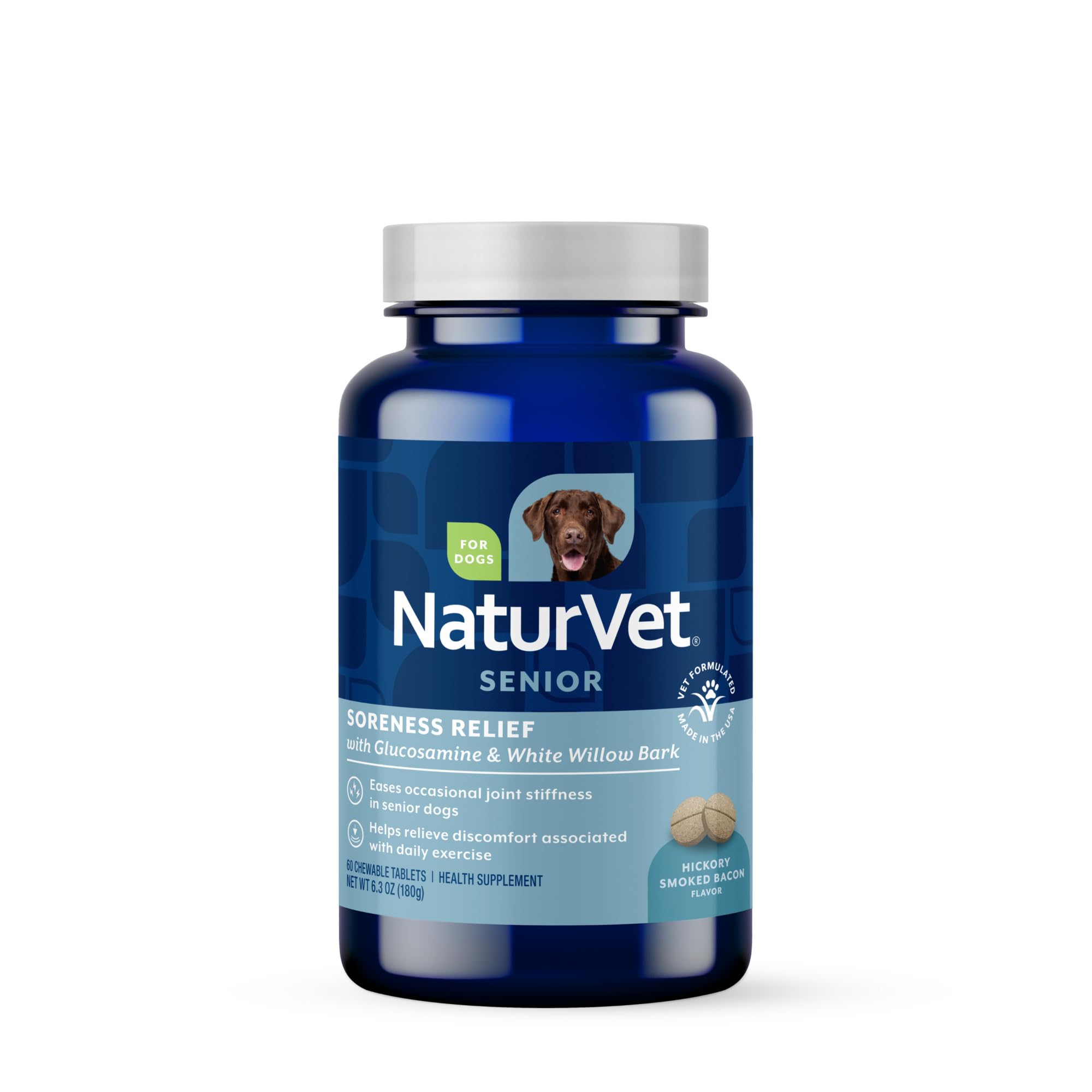 NaturVet Soreness Relief Senior Supplements for Dogs, Hickory Smoked Bacon Flavor, 60 Chewable Tablets