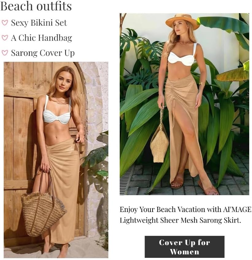 AI'MAGE Women's Sarong Swimsuit Coverup Sheer Mesh Beach Cover Up Skirt Long Bikini Wrap for Swimwear S-XXL - Image 2