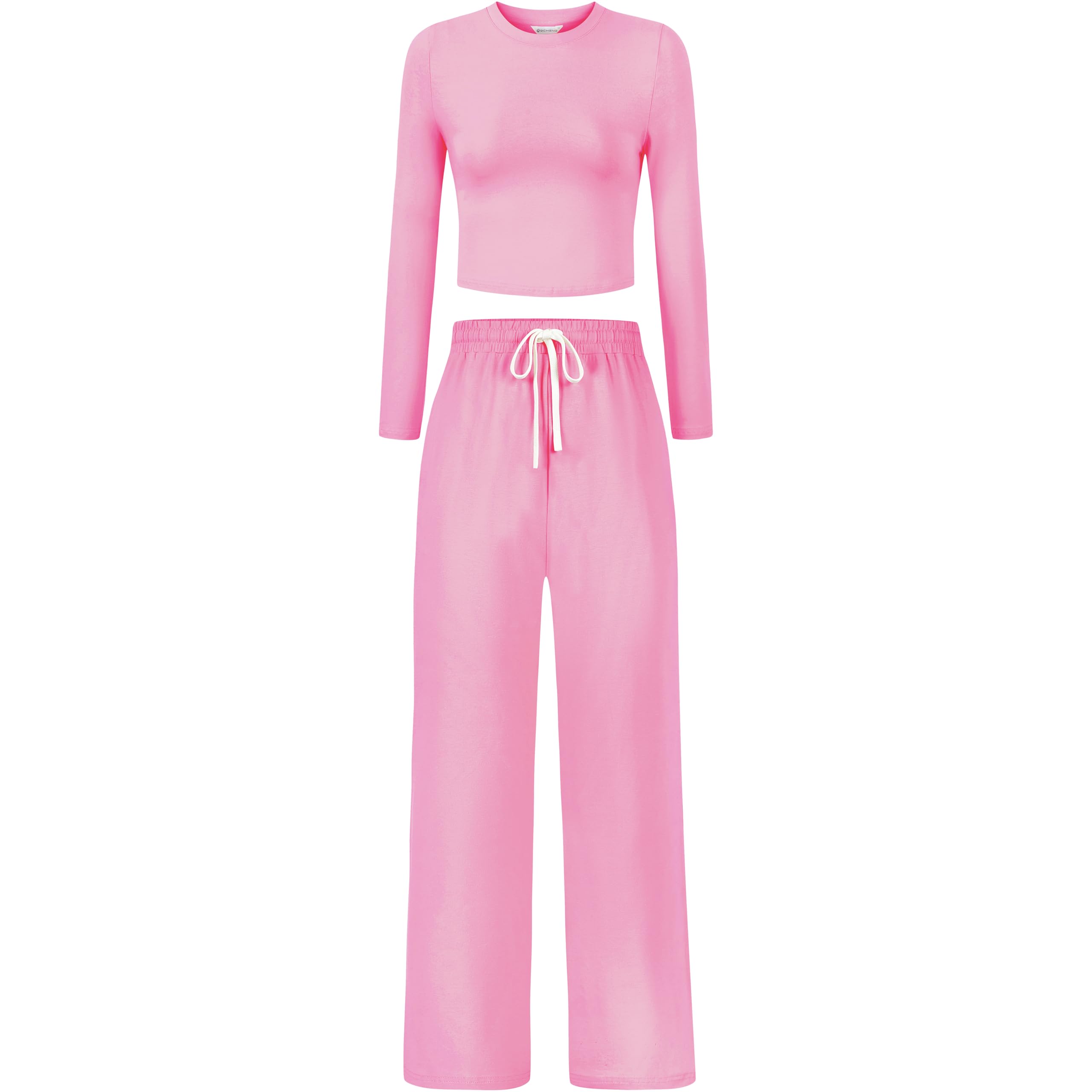 QCHENG Women's 2 Piece Lounge Sets Cotton Long Sleeve Crop T Shirt Straight Leg Pants Set Casual Outfits Comfy Loungewear