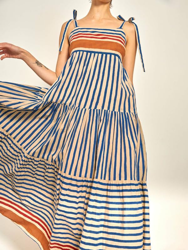 Image of SOOKABEILA Women Striped Sleeveless Maxi Dress Flowy Smocked Tie Shoulder Dress Backless Spaghetti Strap Boho Sundress