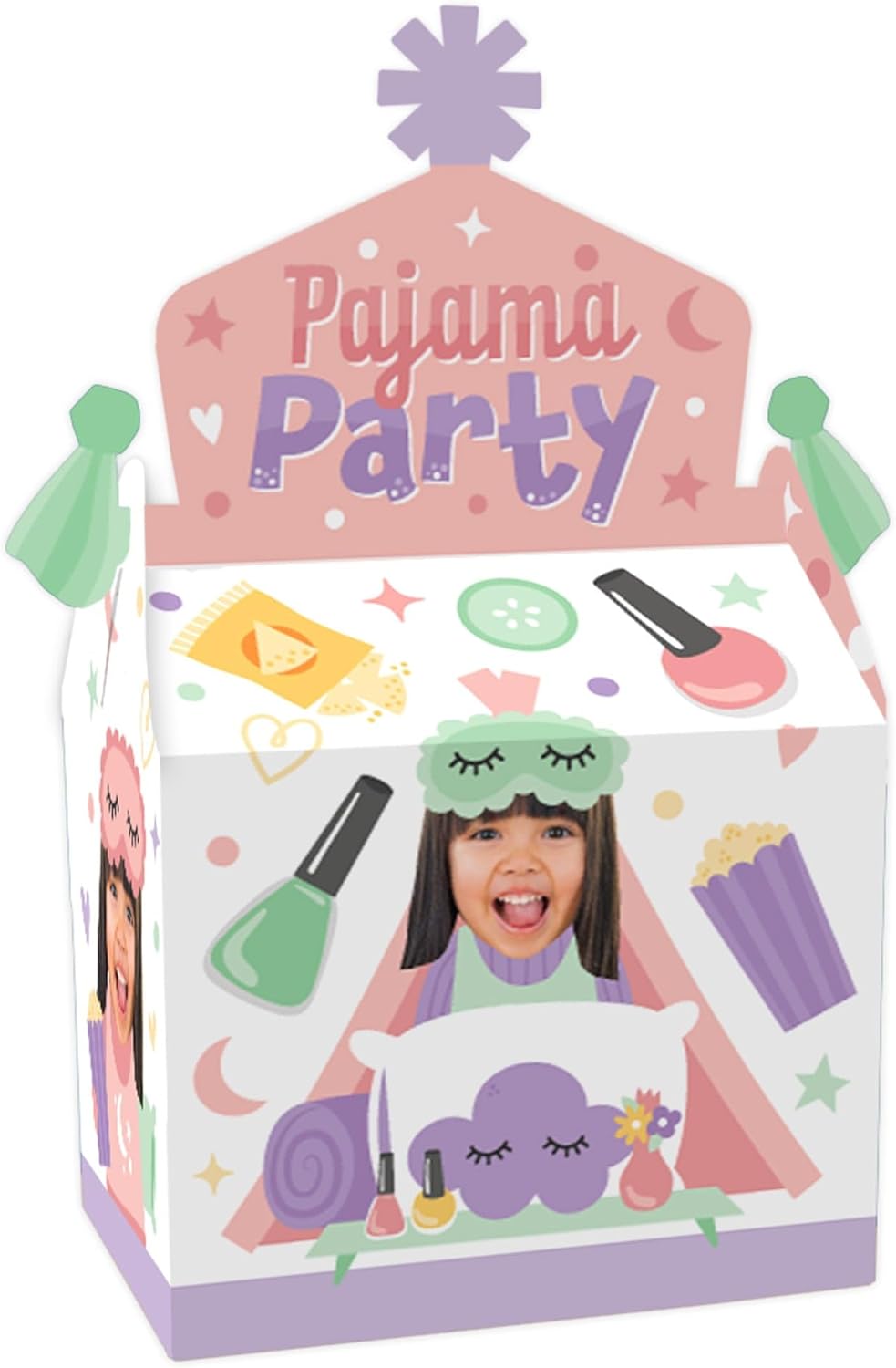 Big Dot of Happiness Custom Photo Pajama Slumber Party - Girls Sleepover Birthday Treat Box Party Favors - Fun Face Goodie Gable Boxes - Set of 12