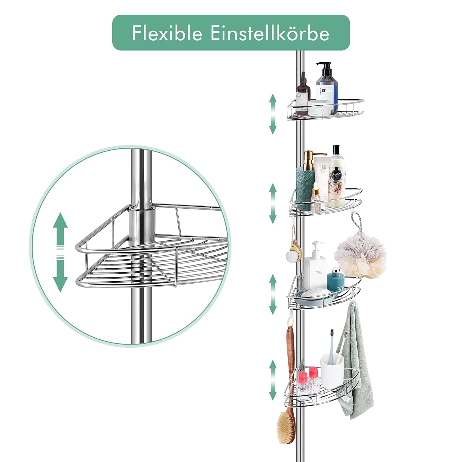 Duschregal Teleskop, Teleskopregal Bad Eckregal Edelstahl Regal Fuer Bad Dusch Teleskopstange Eckregal Duschregal Ohne Bohren Badewannenregal Eckduschregal Höhenverstellbar von 190-310cm Silber