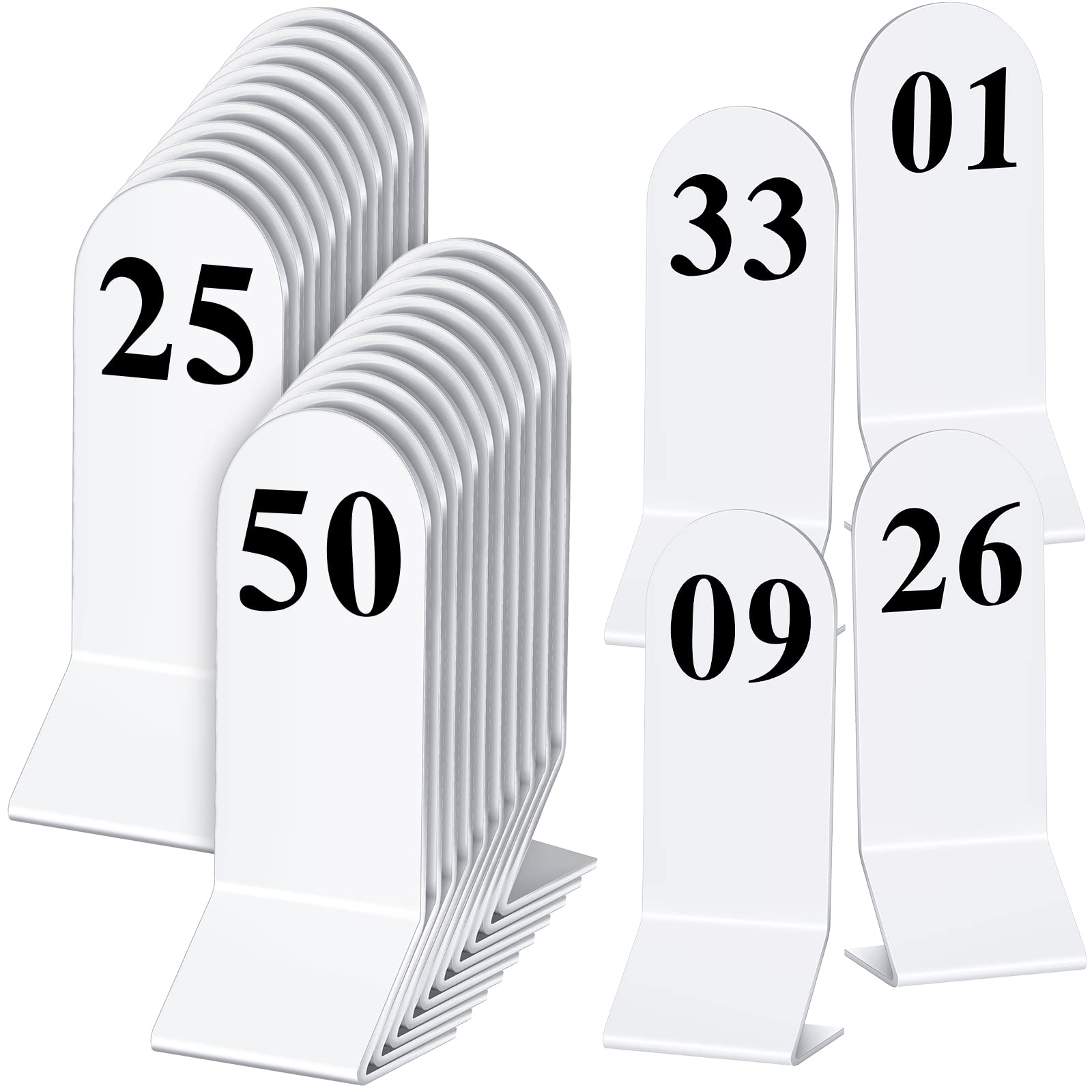 50 Pcs Table Numbers 1-50 Acrylic Double Sided Number Cards Acrylic Tent Table Numbers Table Number Holders Tent Table Numbers Cards Wedding Table Number for Restaurant, 2.36 x 6.3 Inch (White)