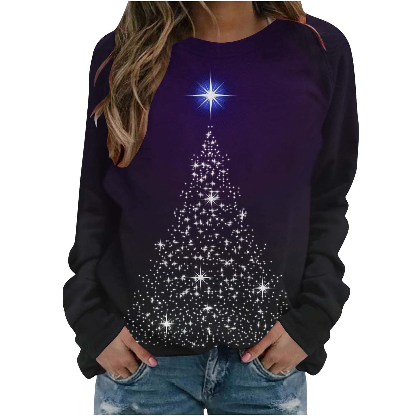SMIDOWWomens Christmas Tree Stars Lights Sweatshirt Long Sleeve Crewneck Classic Pullovers Tops Winter Casual Shirt