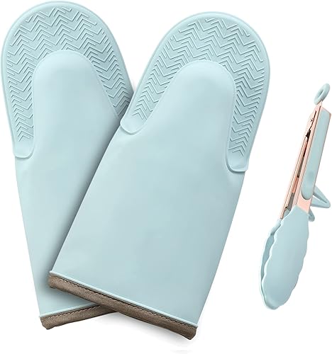 Manoplas de horno de silicona resistentes al calor y antideslizantes, extra largas, forro de algodón suave, para asar, hornear en la cocina,