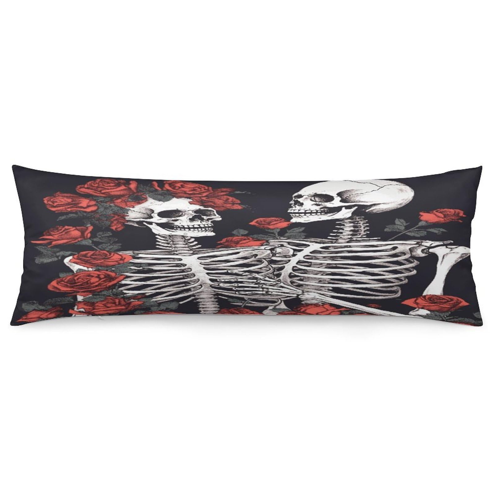 Rose and Skeleton Pillowcase Decorative Body Pillow Cover Soft Full Long Pillow Case Breathable Large Body Pillowcase Cute Cozy Pillow Sham for Bed Couch Sofa 18.9 X 53 Inch