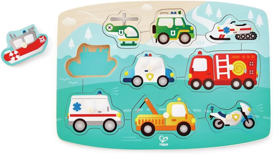 Hape Emergency Peg Puzzle Game with various emergency vehicles like a helicopter, police car, fire truck, ambulance, tow truck, and motorcycle.