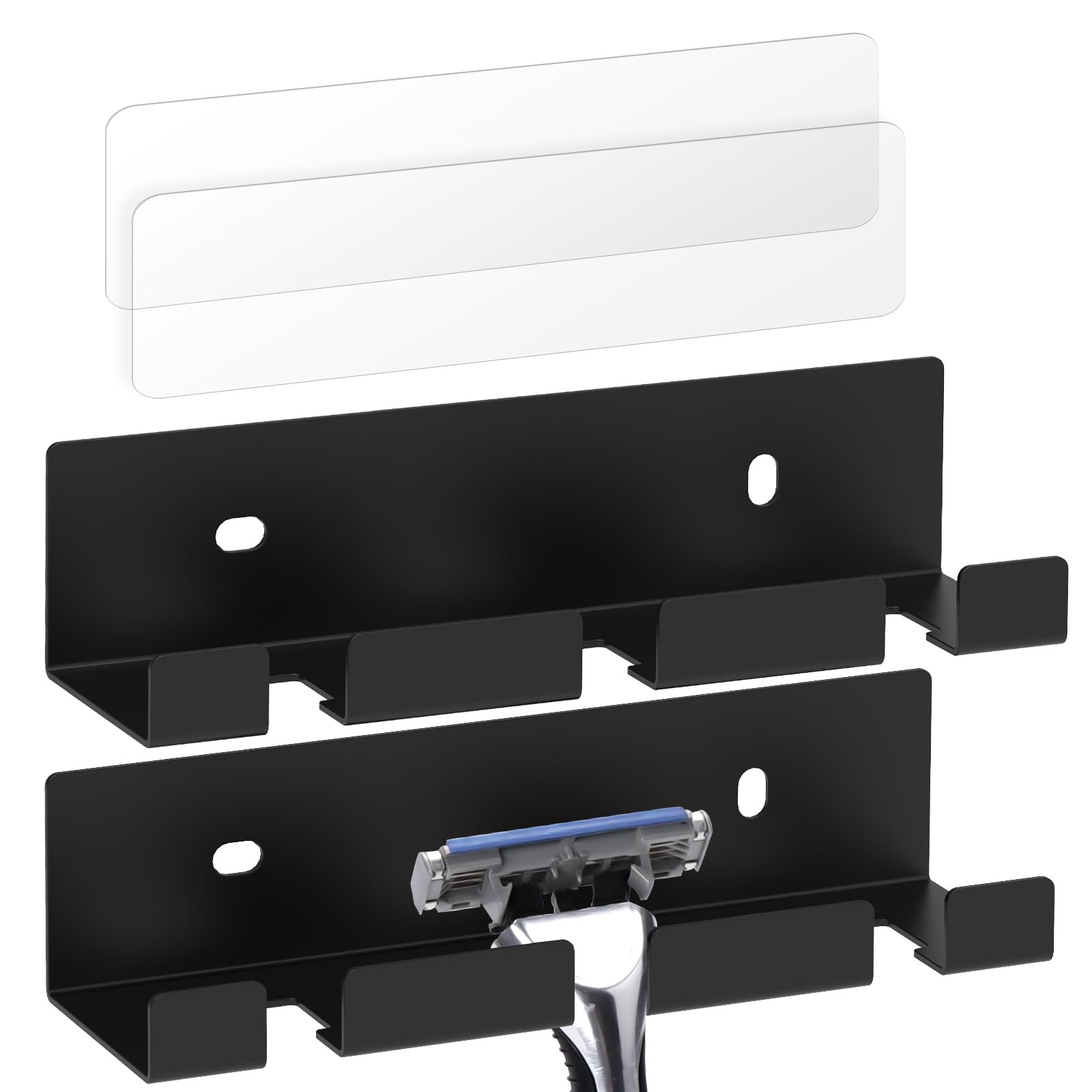Linkidea 2 Pack Wall Mount Shower Razor Holder, Self Adhesive Stainless Steel Shaver Holder, Shaving Stand for Bathroom, Compatible with Gillette Sensor 3, Mach 3, Dorco Pace 6 Pro (Black)