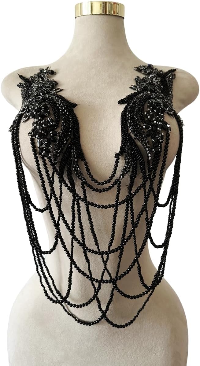 Handmade Rhinestone Fringe Patch Trim Crystal Beaded Applique for Sewing Crafts Wedding Party Decoration Bridal Dress Accessories 4.7X19.6inches (Black)