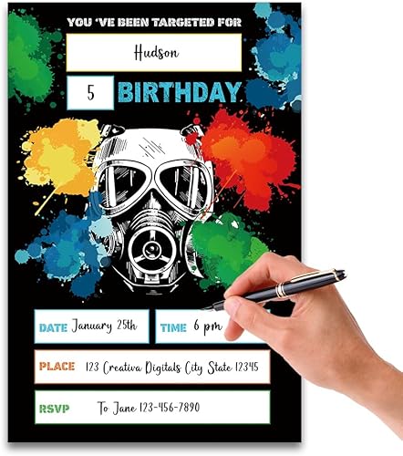 Miniatura 4 de FujLoy Invitaciones de fiesta de cumpleaños de paintball, invitaciones de paintball, tarjetas de invitaciones de fiesta de paintball (066)